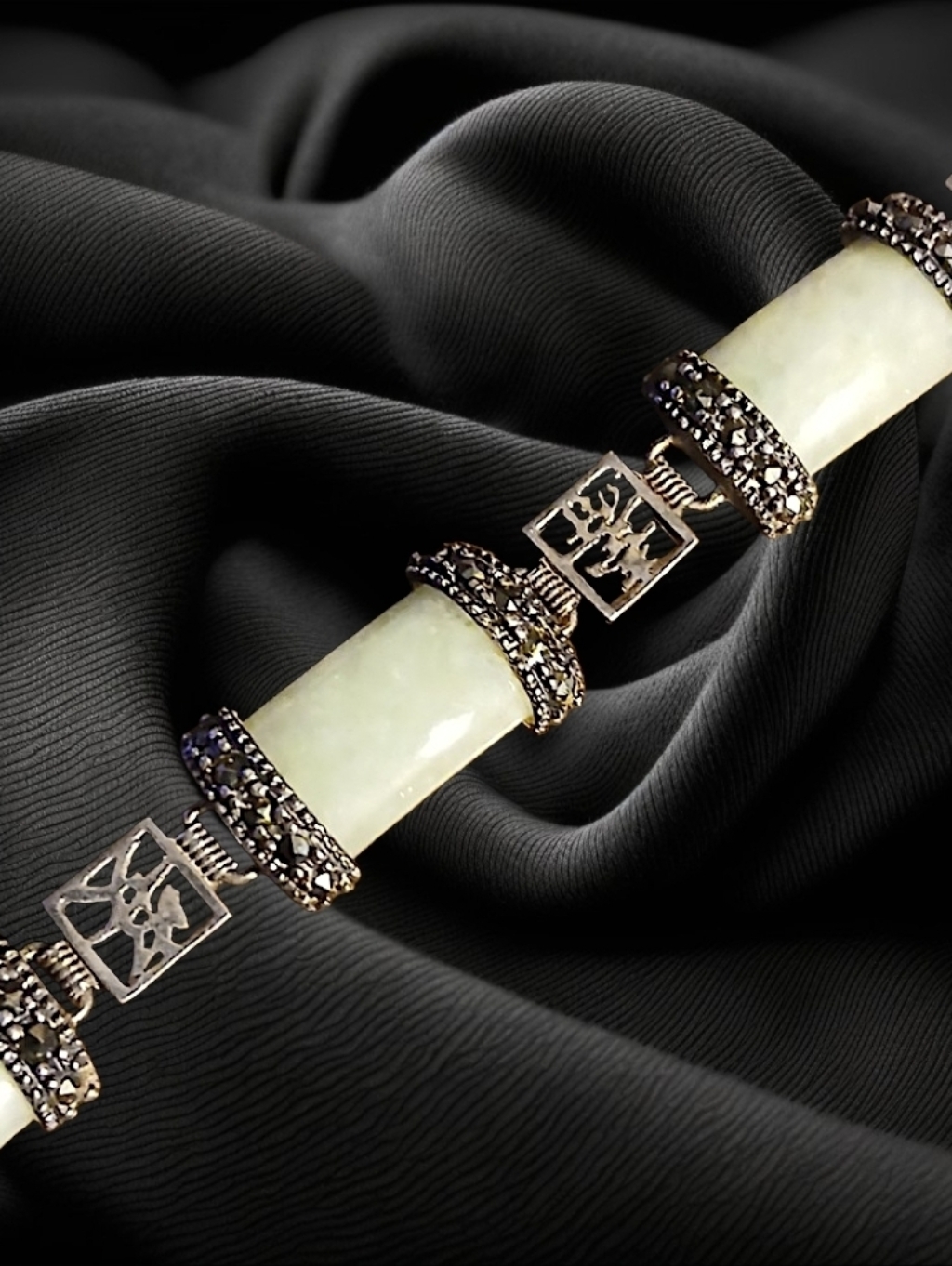 Vtg 925 Jade & Marcasite Bracelet